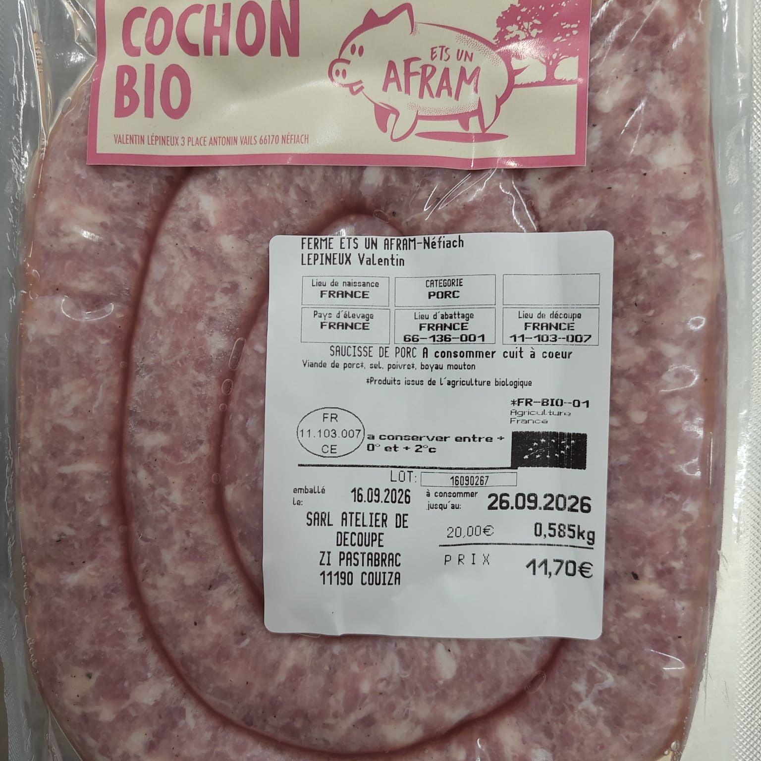 SAUCISSE NATURE FRAICHE - AFRAM - 0,25kg