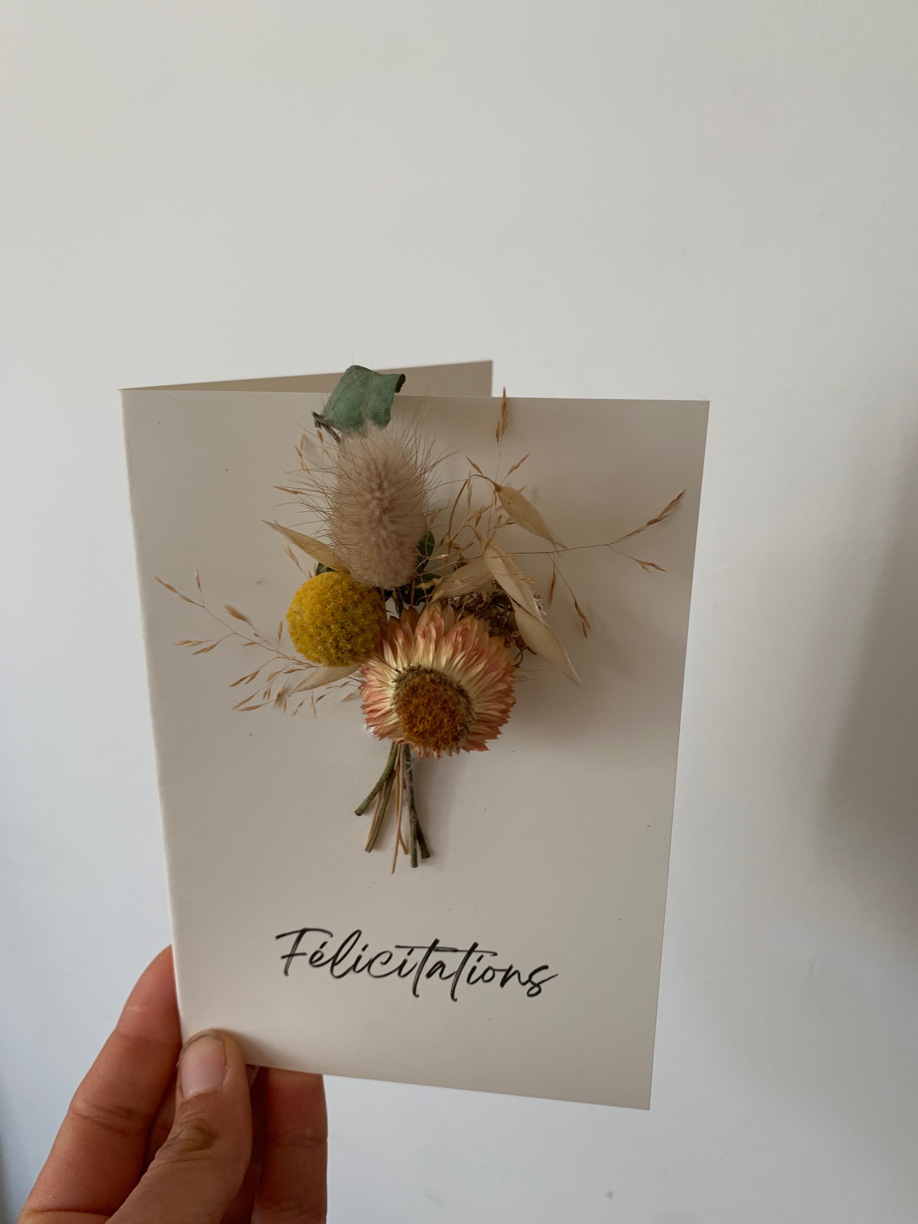 Carte de voeux, felicitations, remerciements, en fleurs séchées