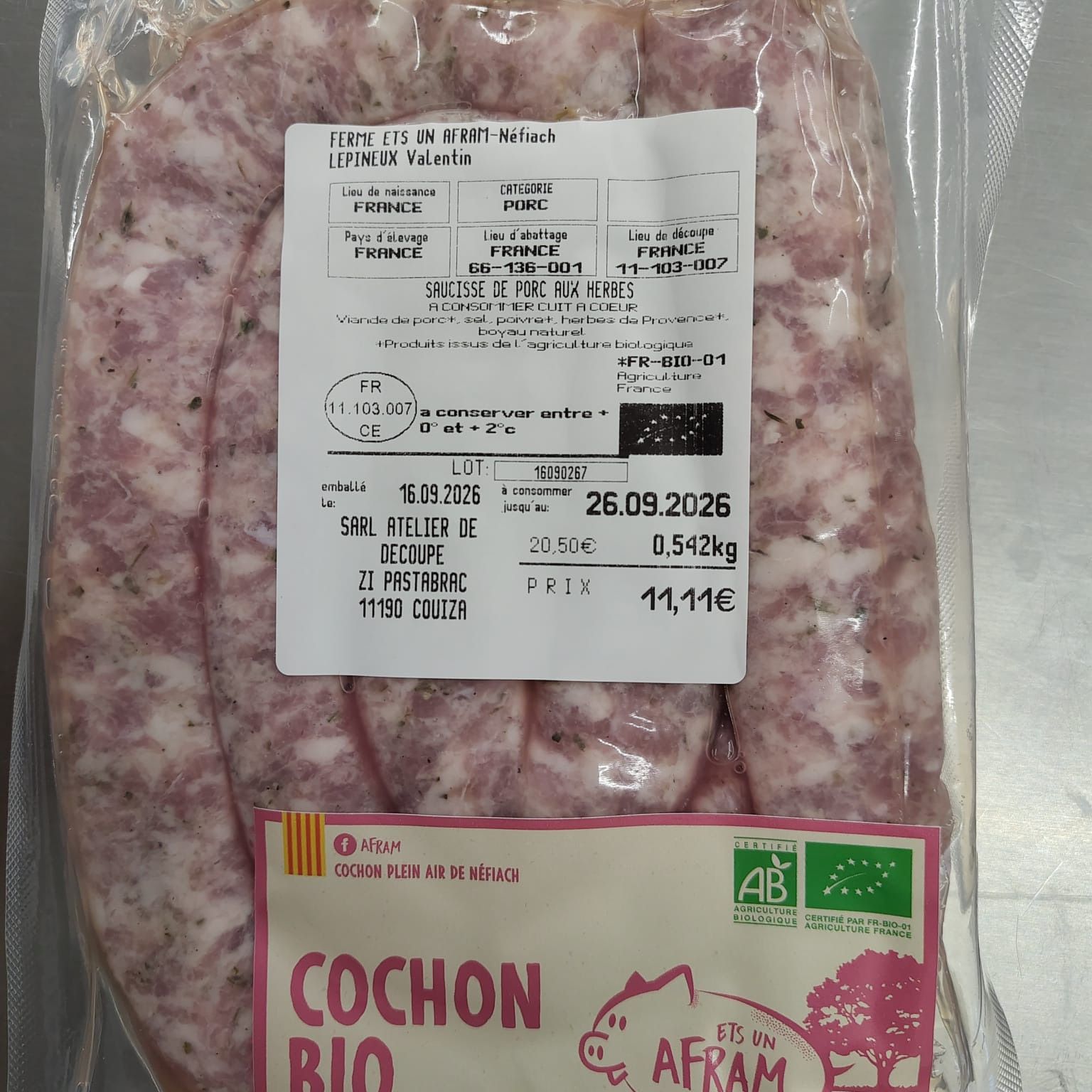 SAUCISSE AUX HERBES - AFRAM - 0,25kg