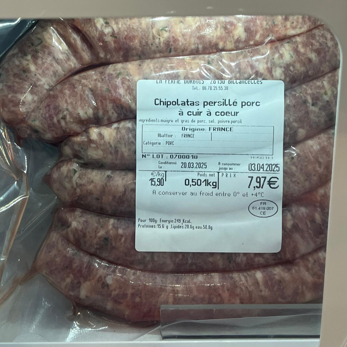 Chipolatas persillées x6 | ferme durbois - 0,5kg