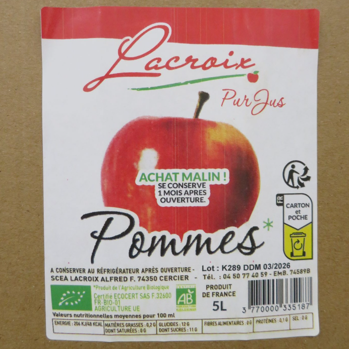 Jus de pomme Bio 5L