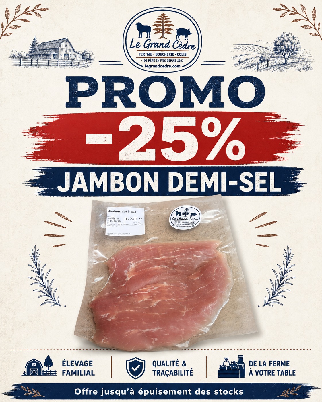 Jambon demi sel spécialité du terroir du Boischaut-Sud