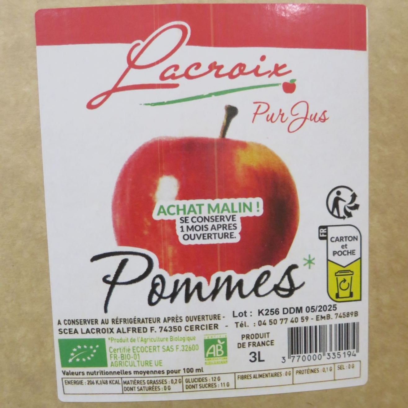Jus de pomme Bio 3L