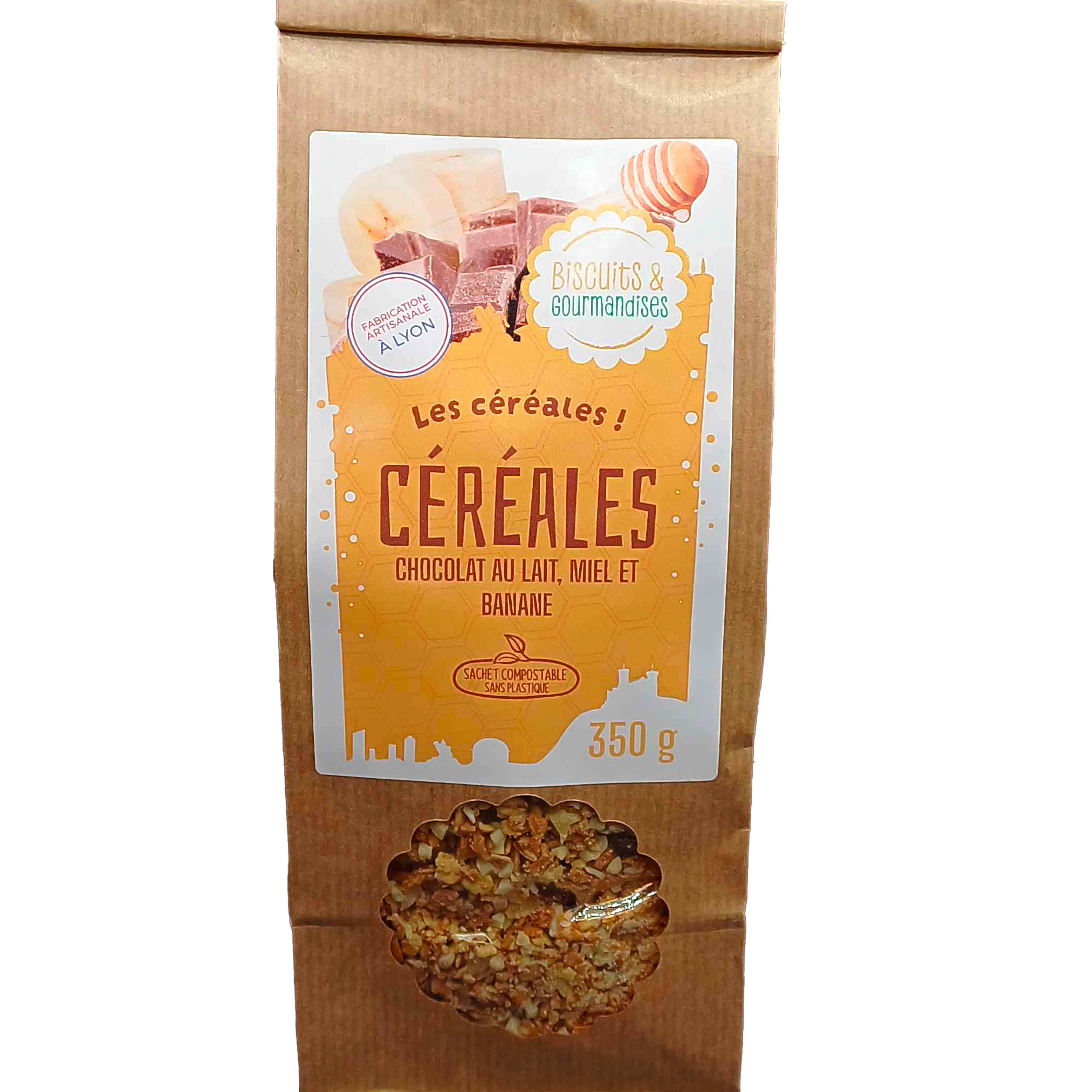 Céréales croquantes chocolat au lait, miel, amandes, banane