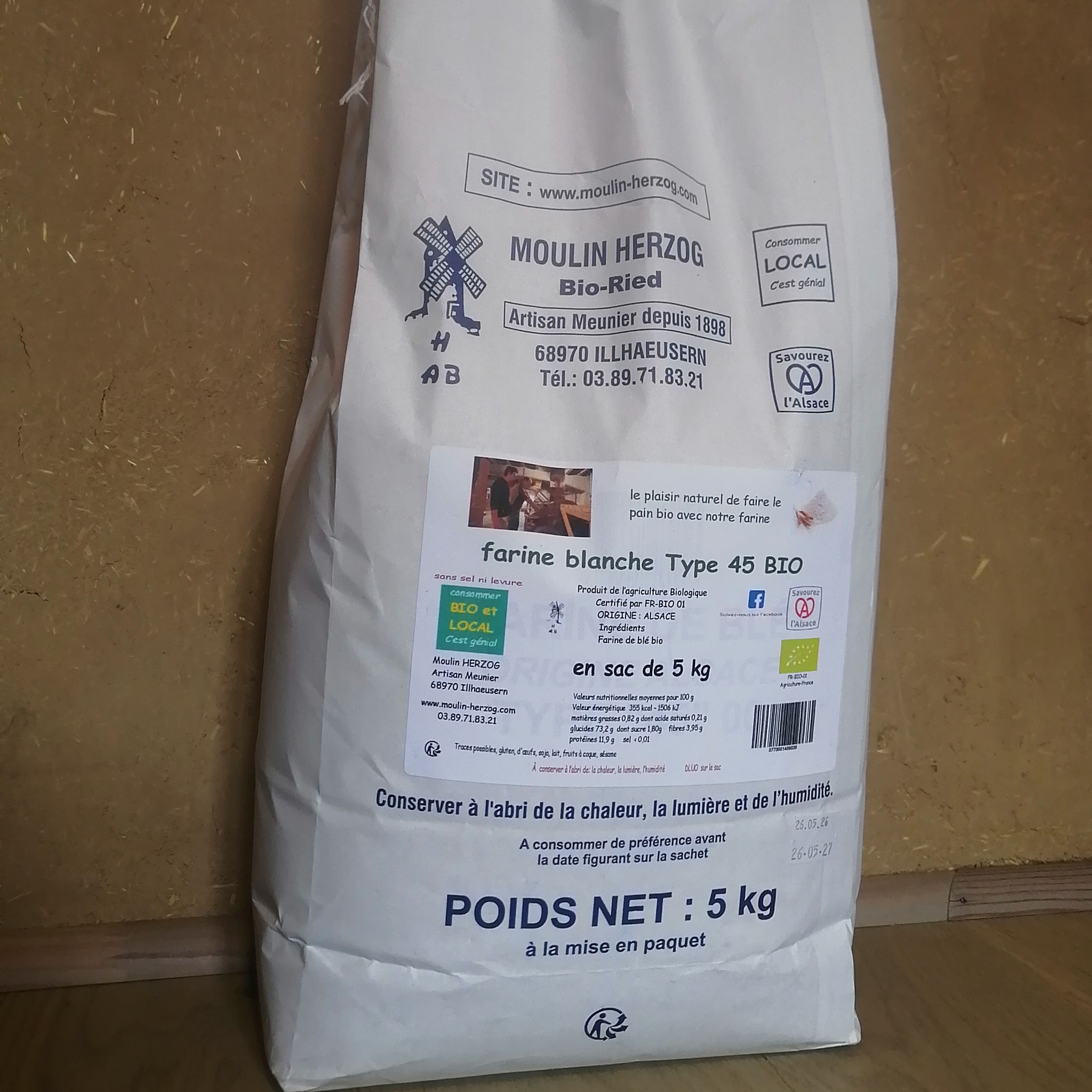 Farine de blé Blanche T45 Bio - 5 kg - Moulin Herzog