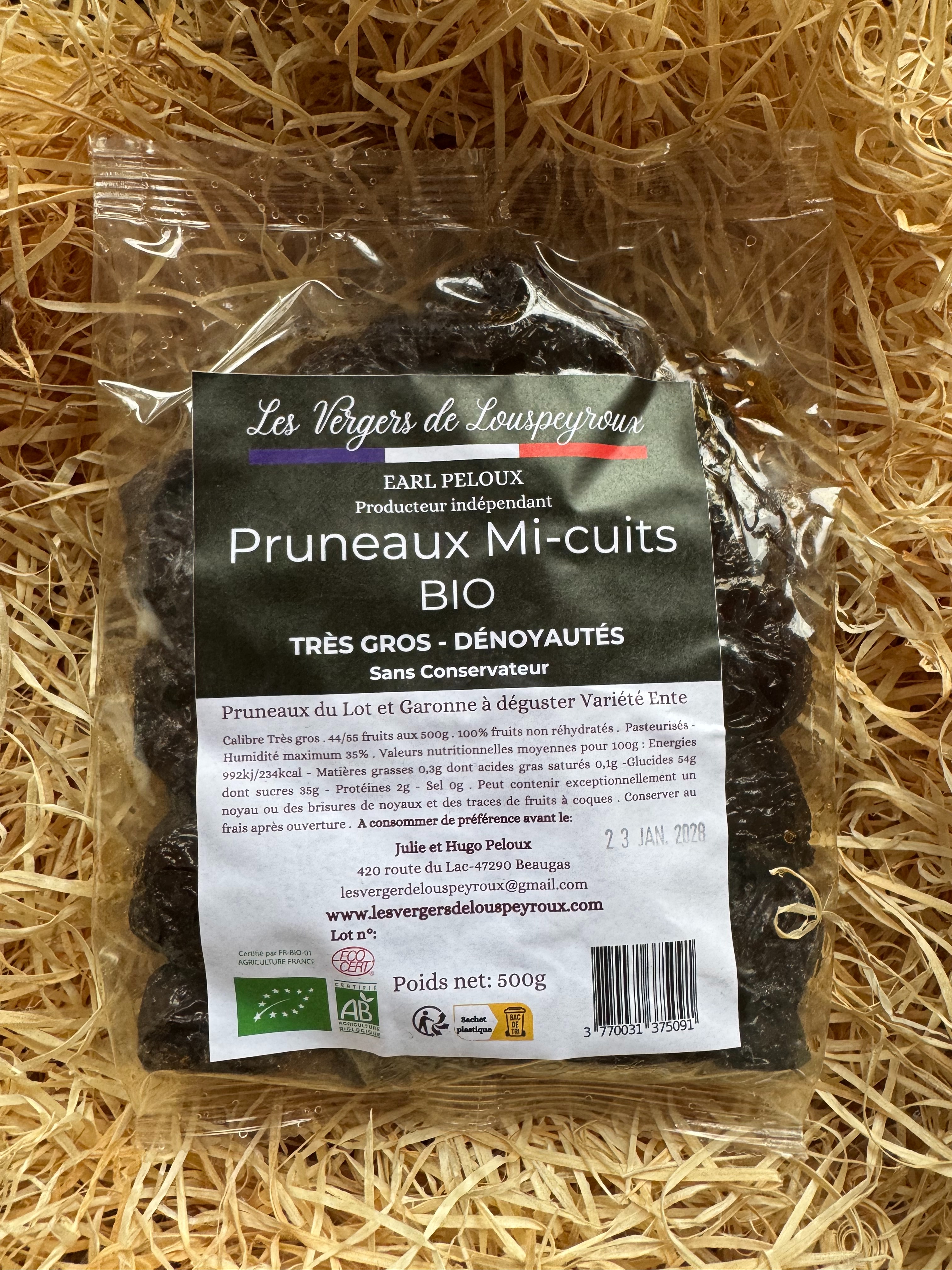 PRUNEAUX MI-CUITS BIO TRES GROS DENOYAUTES DE NOS VERGERS - 500g