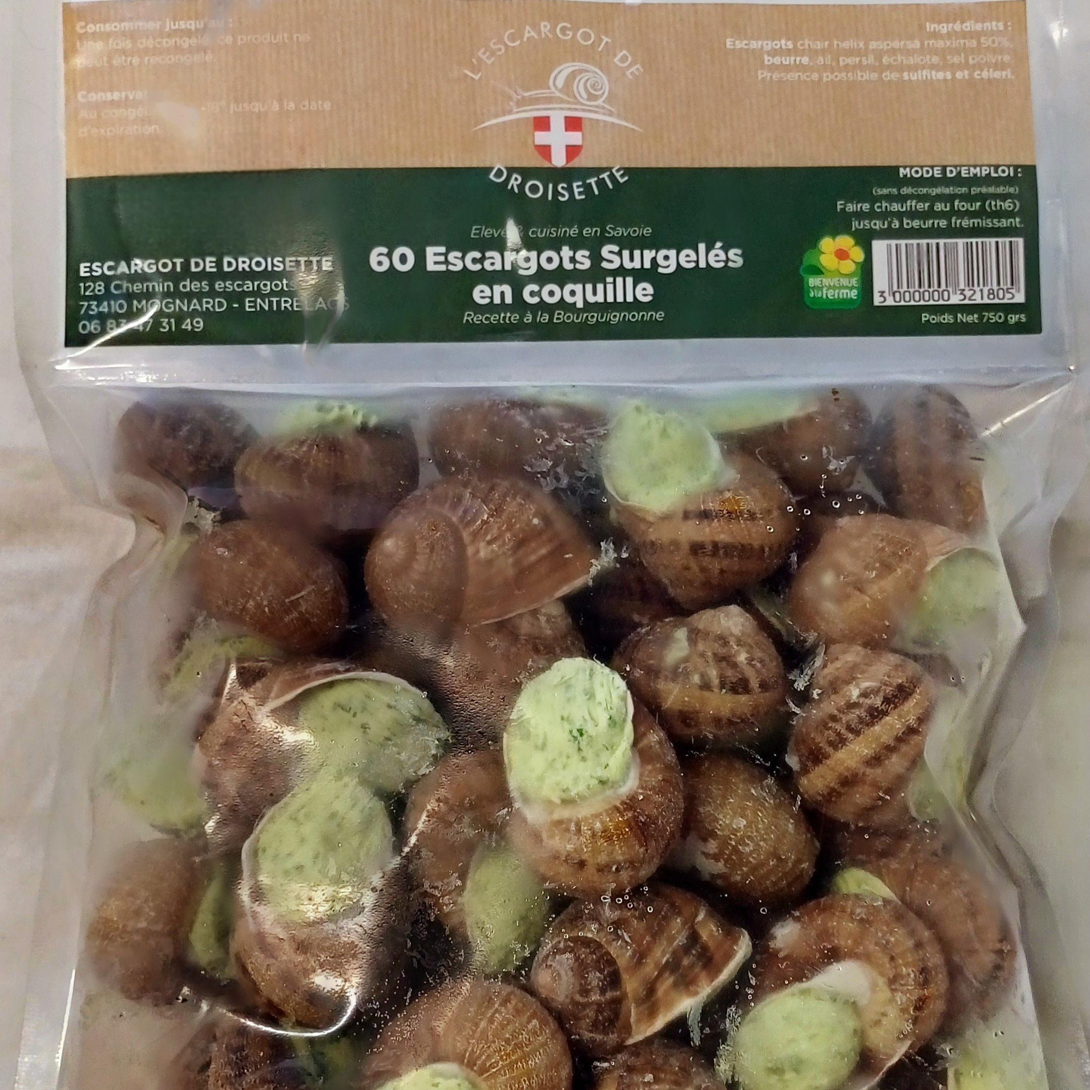 5 DOUZAINES D'ESCARGOTS EN COQUILLES - SURGELES - 750g