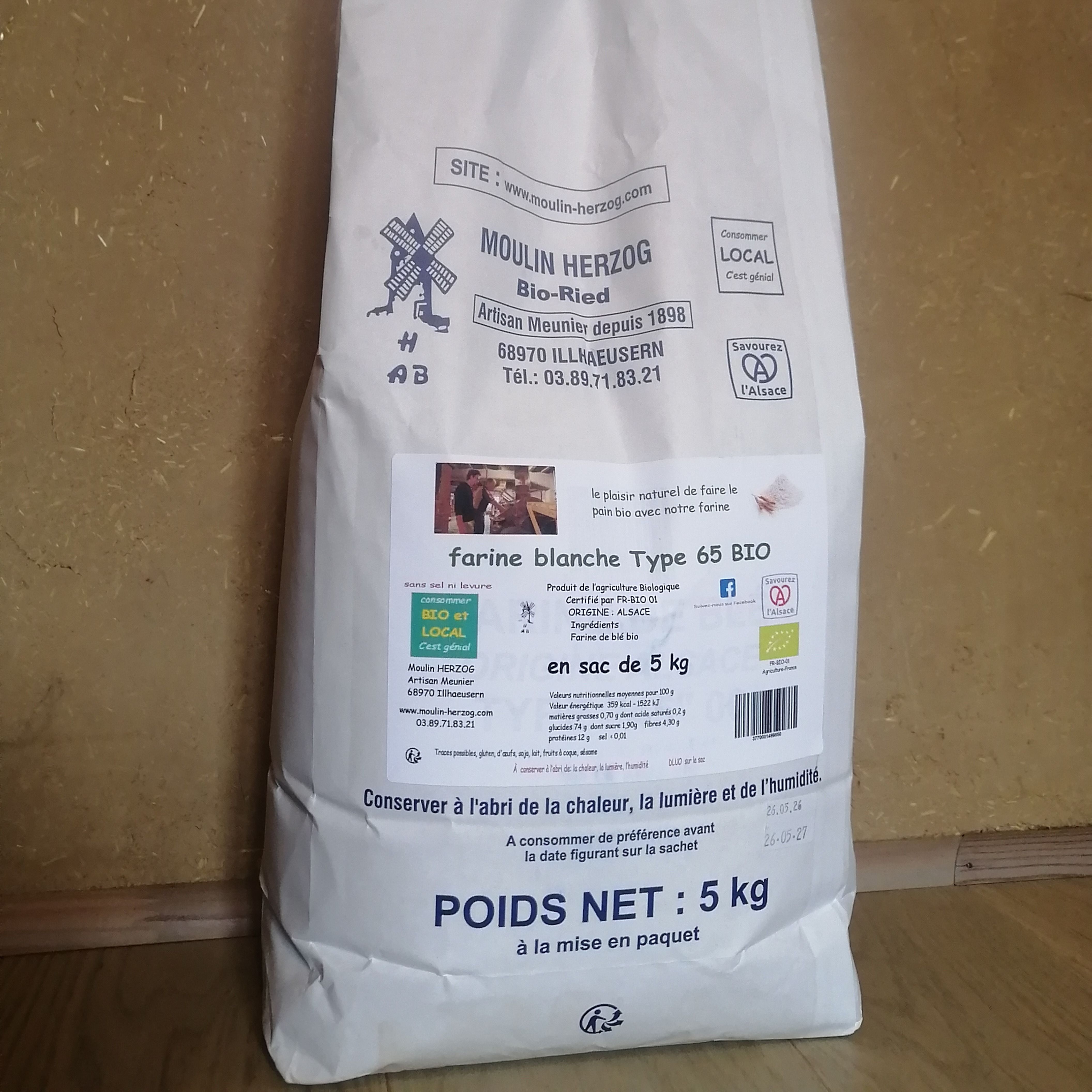 Farine de blé Blanche T65 Bio - 5 kg - Moulin Herzog