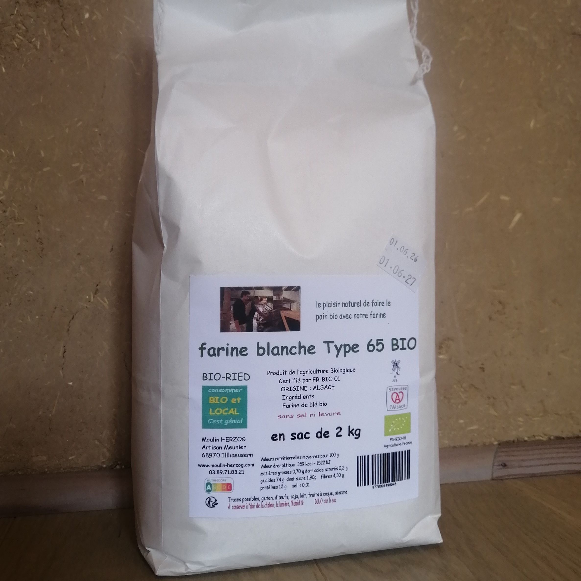 Farine de blé Blanche T65 Bio - 2 kg - Moulin Herzog