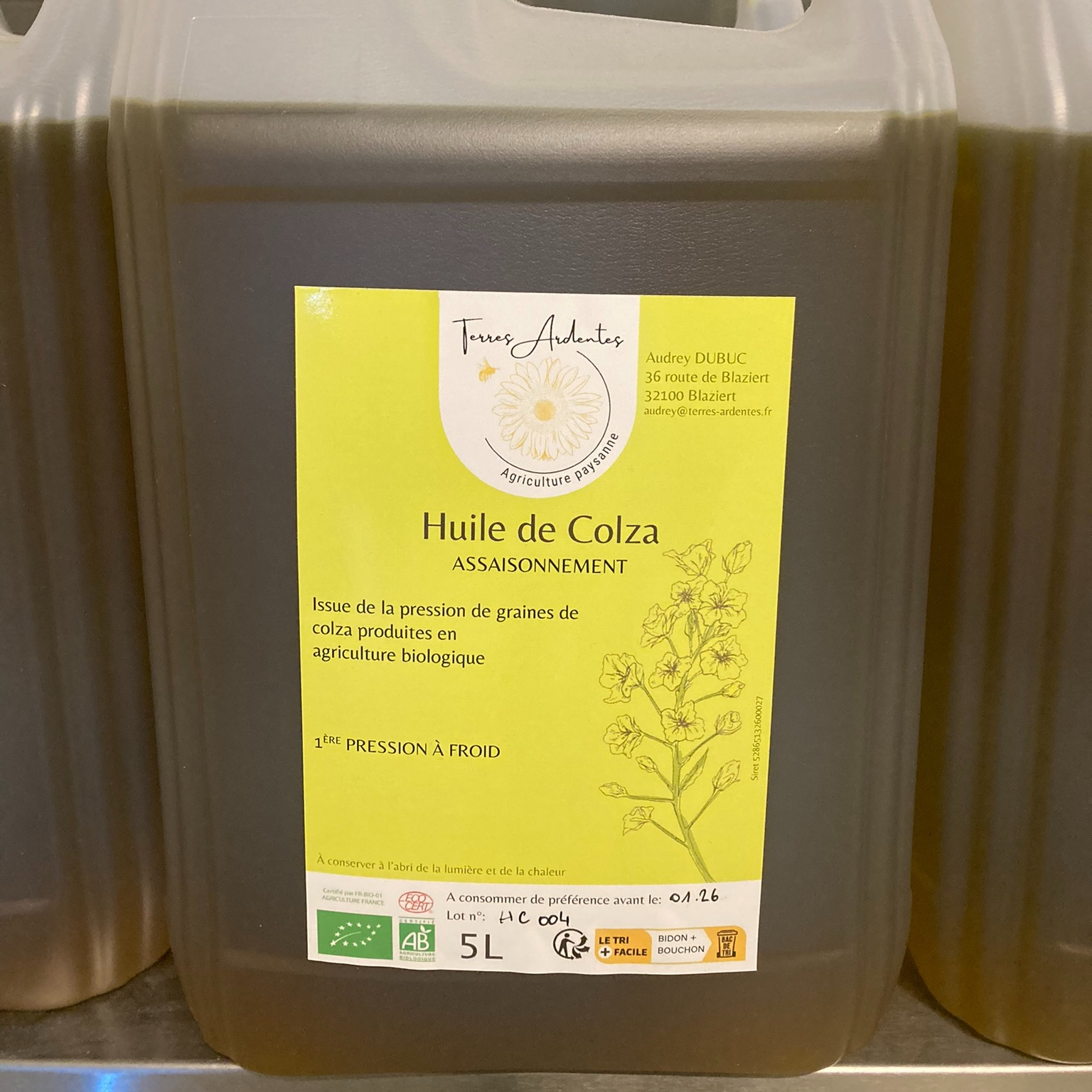 Bidon huile de colza bio 5l - 5000g