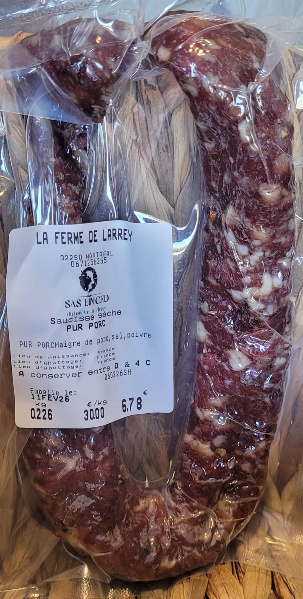SAUCISSE SECHE PUR PORC (selon disponibilité) - 250g
