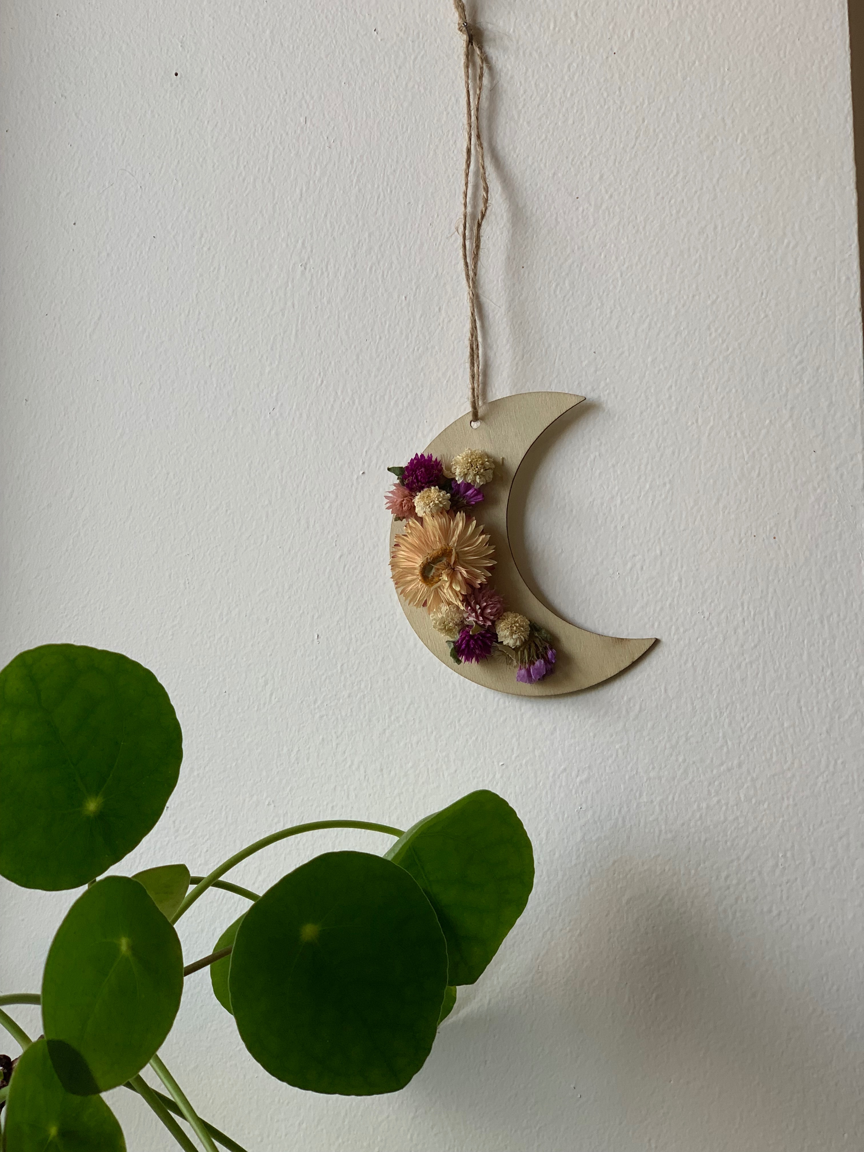 Déco murale en fleurs séchées. Rond lune coeur.