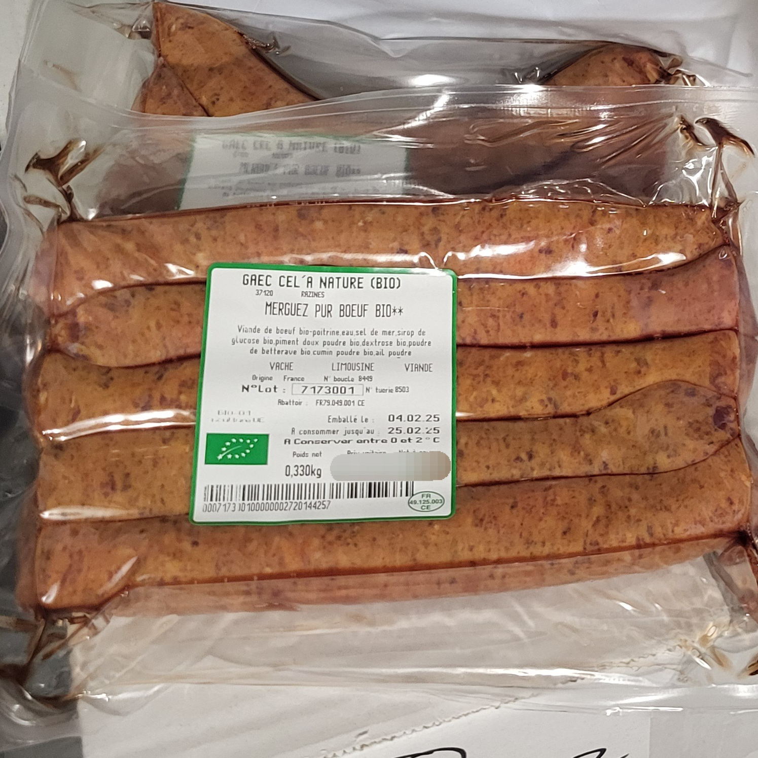 Merguez pur bœuf x5 - 340g