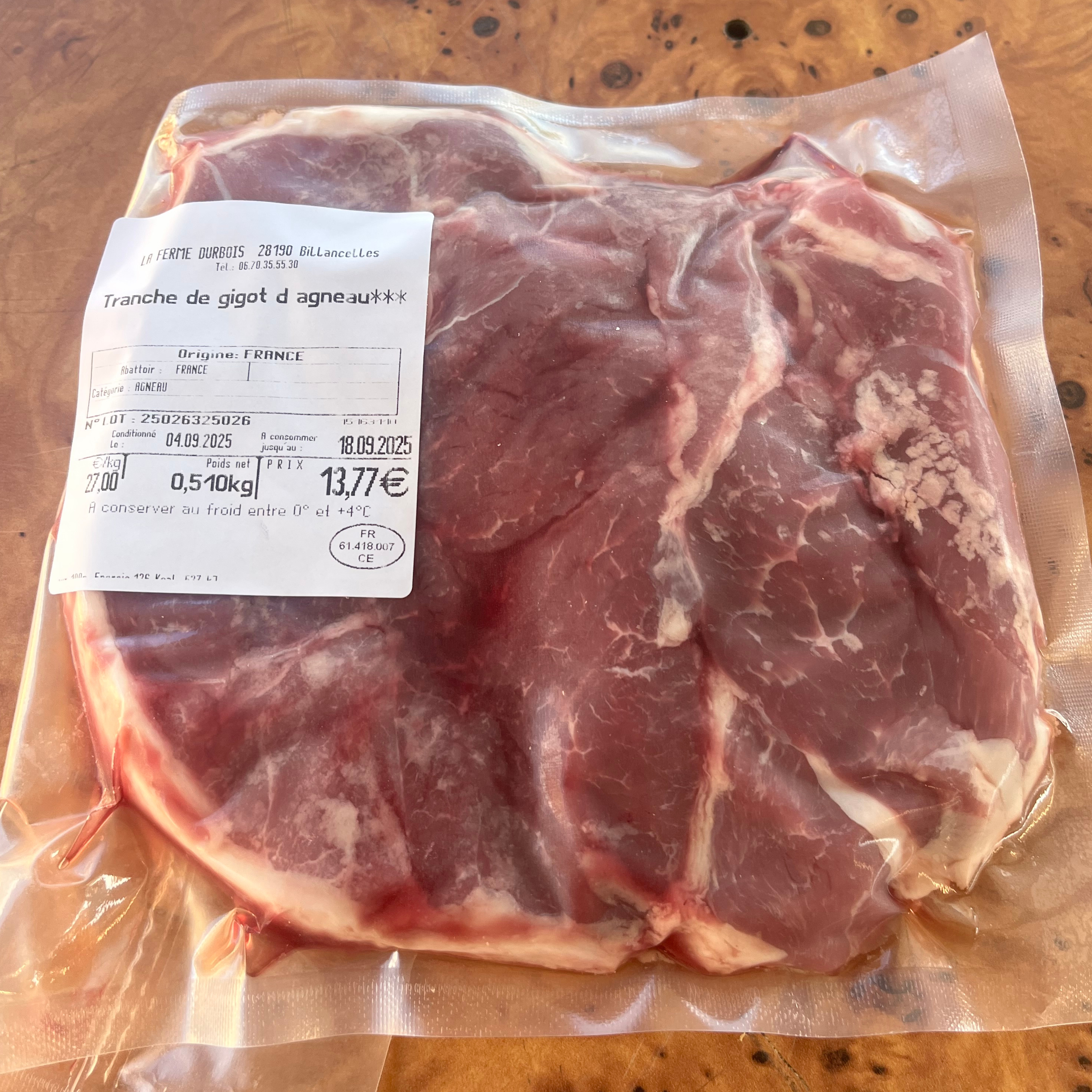 Tranches de gigot  d'agneau fermier - ferme durbois - 0,51kg