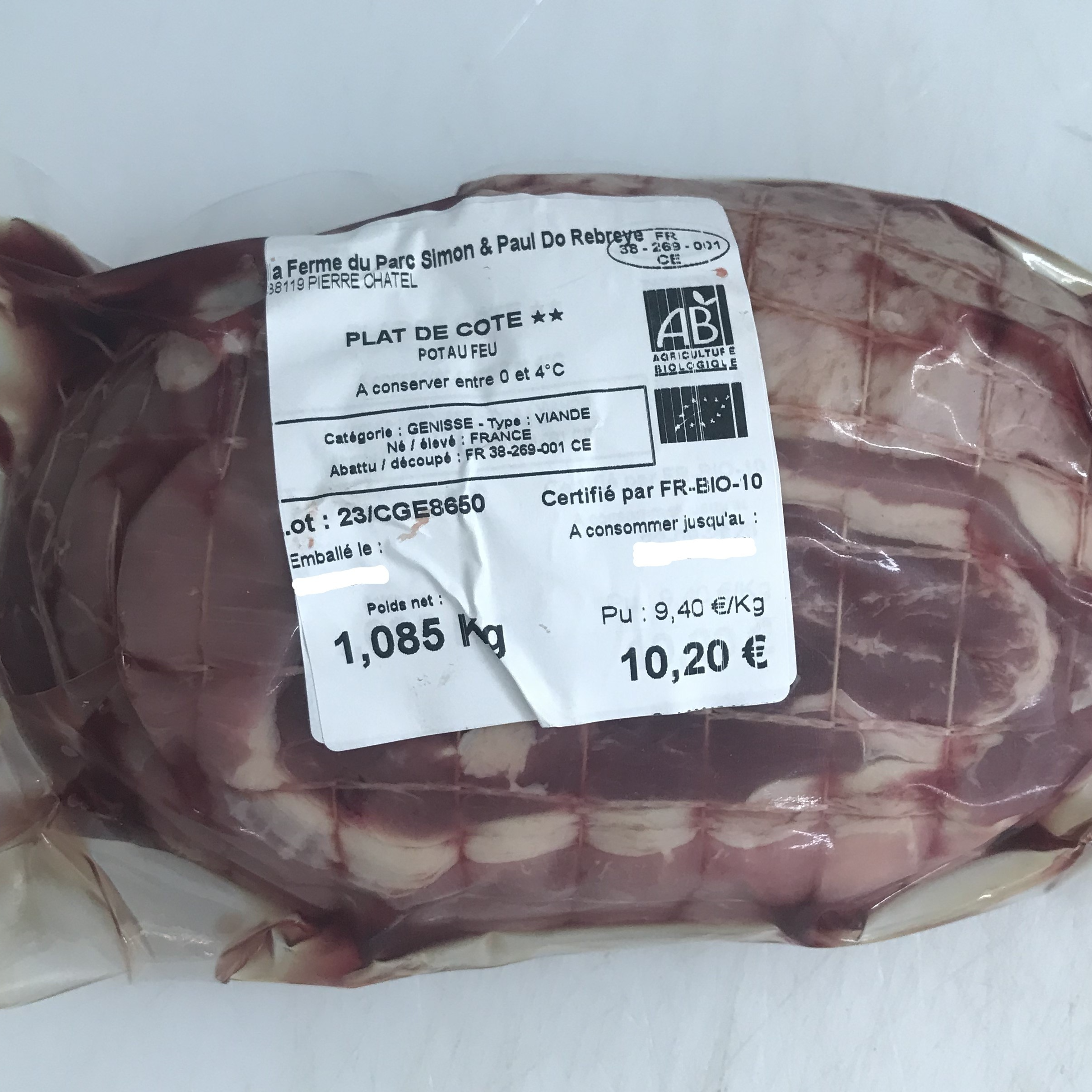 Pot au feu : poitrine, plat de côte, flanchet (sans os)