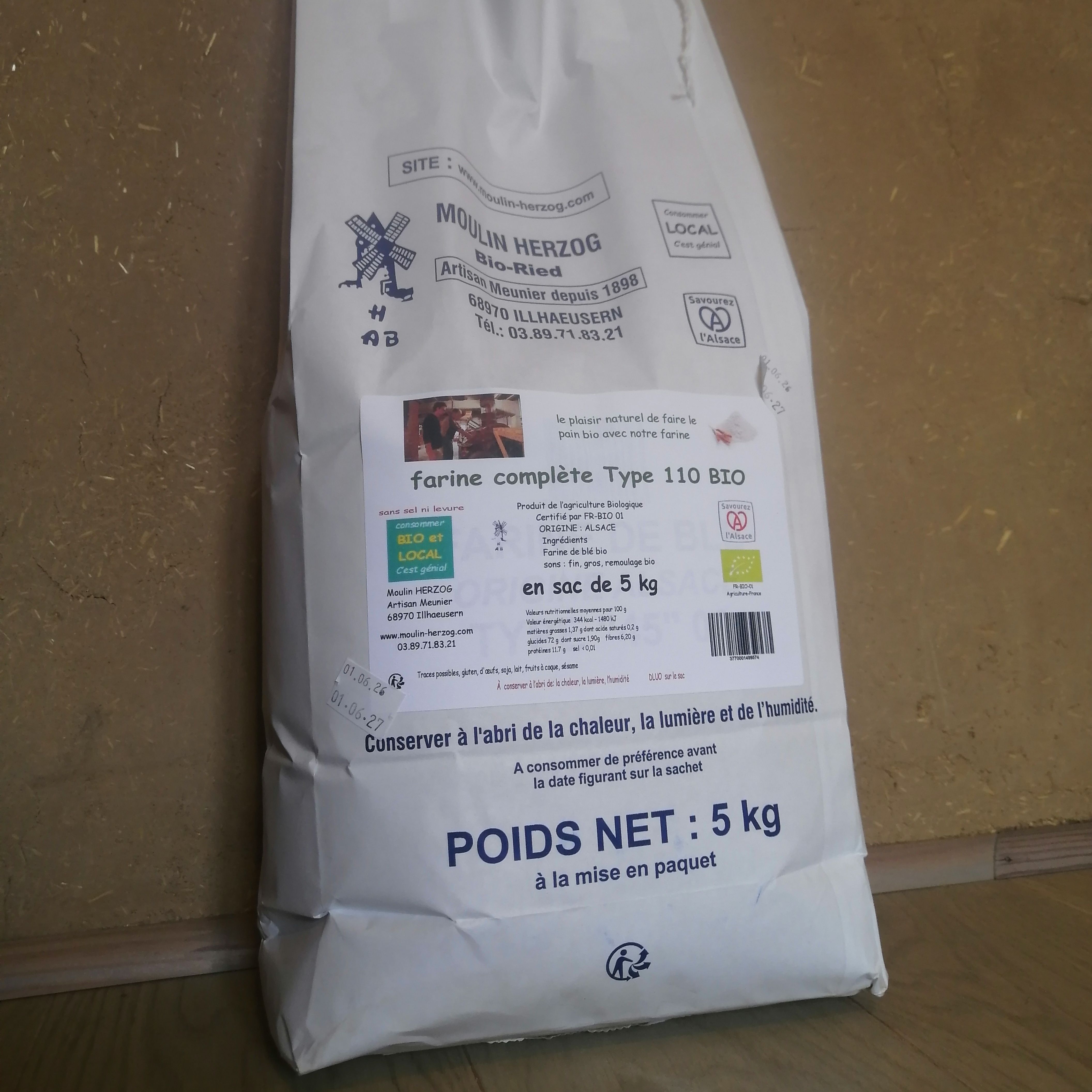 Farine de blé complète T110 Bio - 5 kg - Moulin Herzog