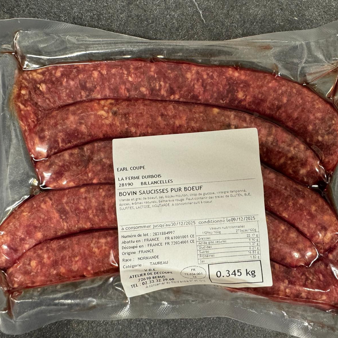 Saucisses de boeuf race normande Ferme DURBOIS - 0,35kg