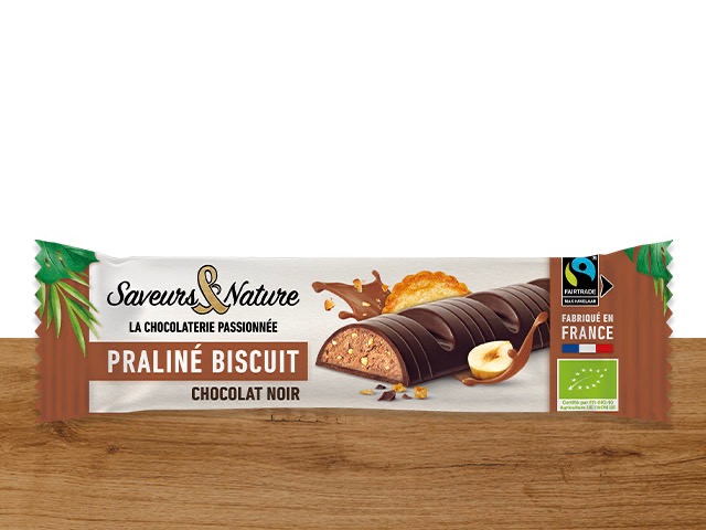 Barre praliné biscuit chocolat noir - 30g