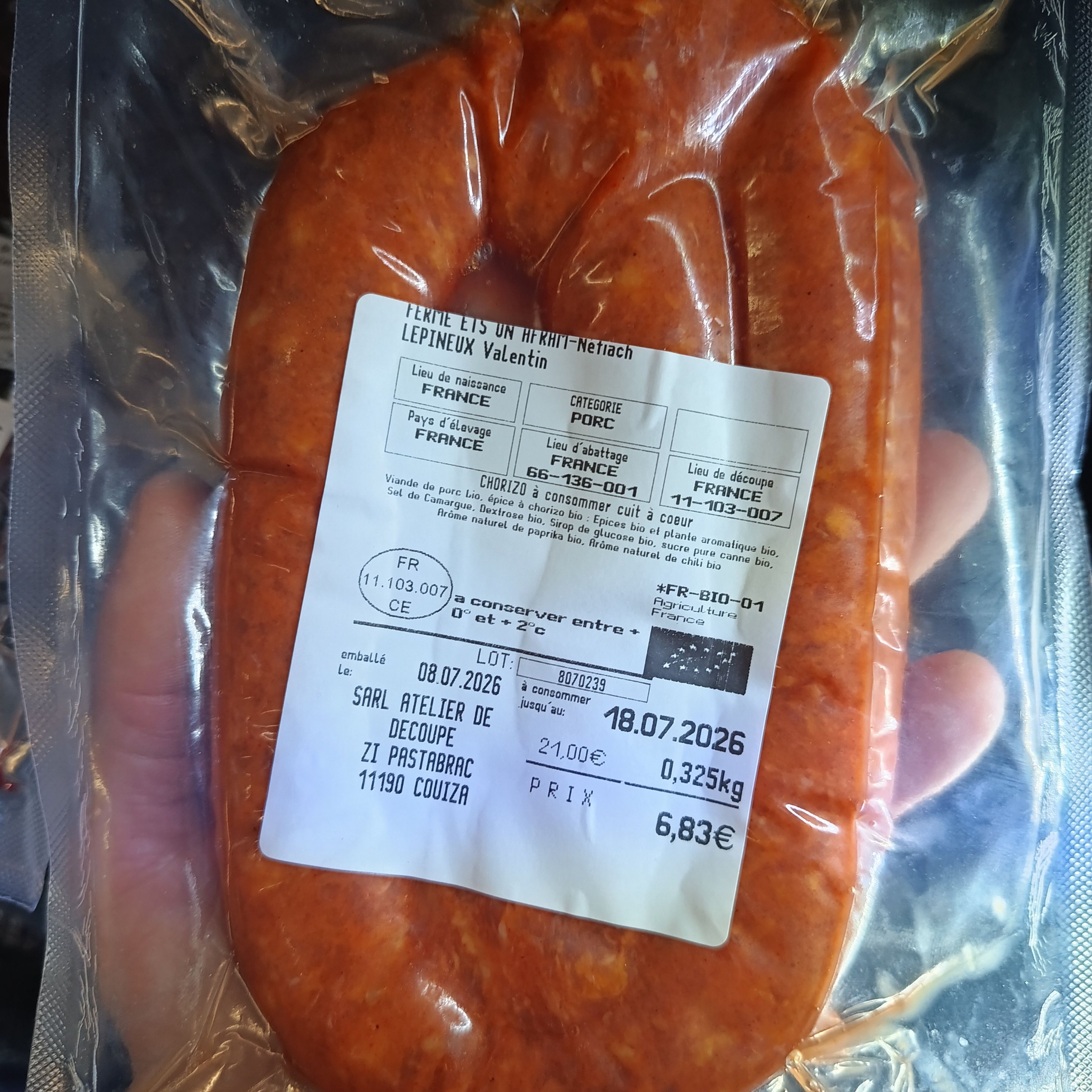 CHORIZO FRAIS - AFRAM - 0,25kg