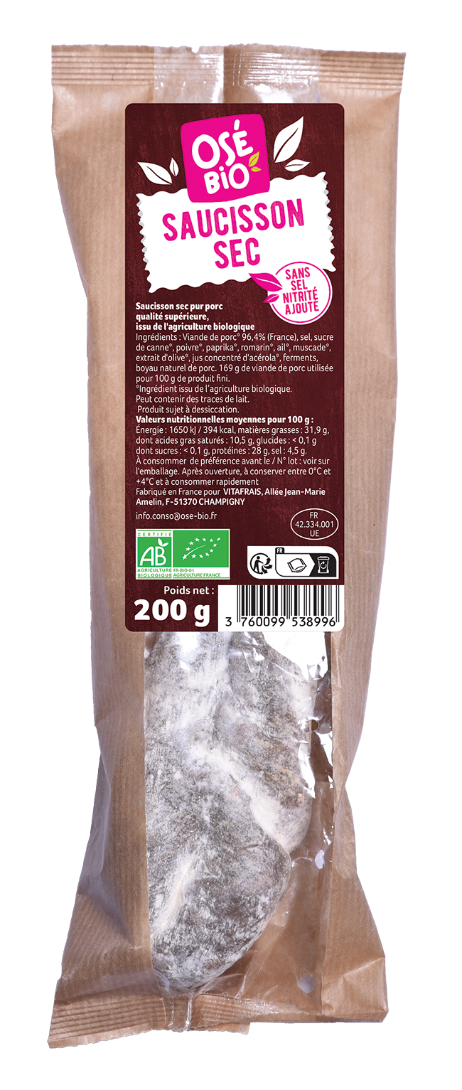 Saucisson sec nature sans sel nitrité ajouté - 200g
