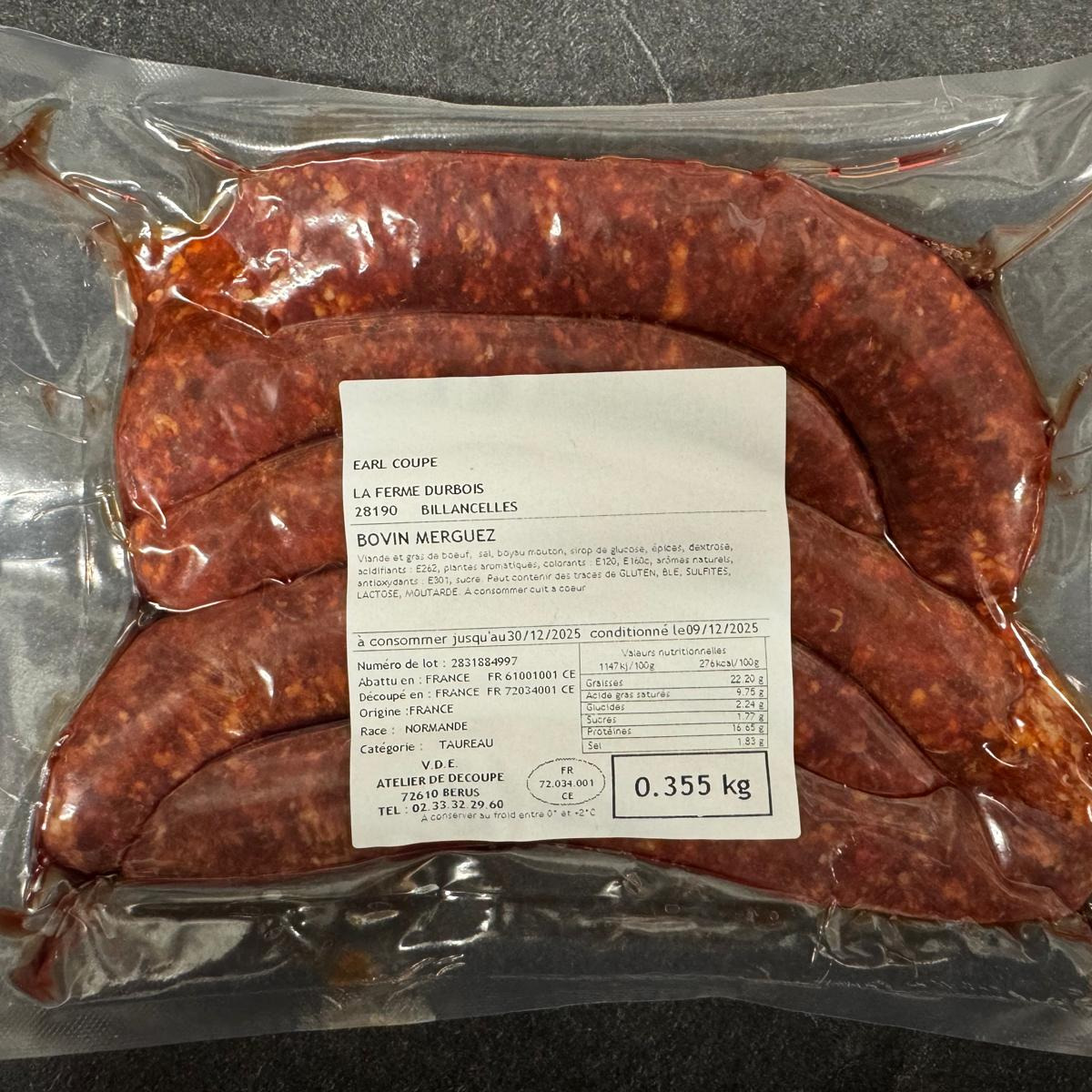 Merguez de boeuf race normande Ferme DURBOIS - 0,36kg