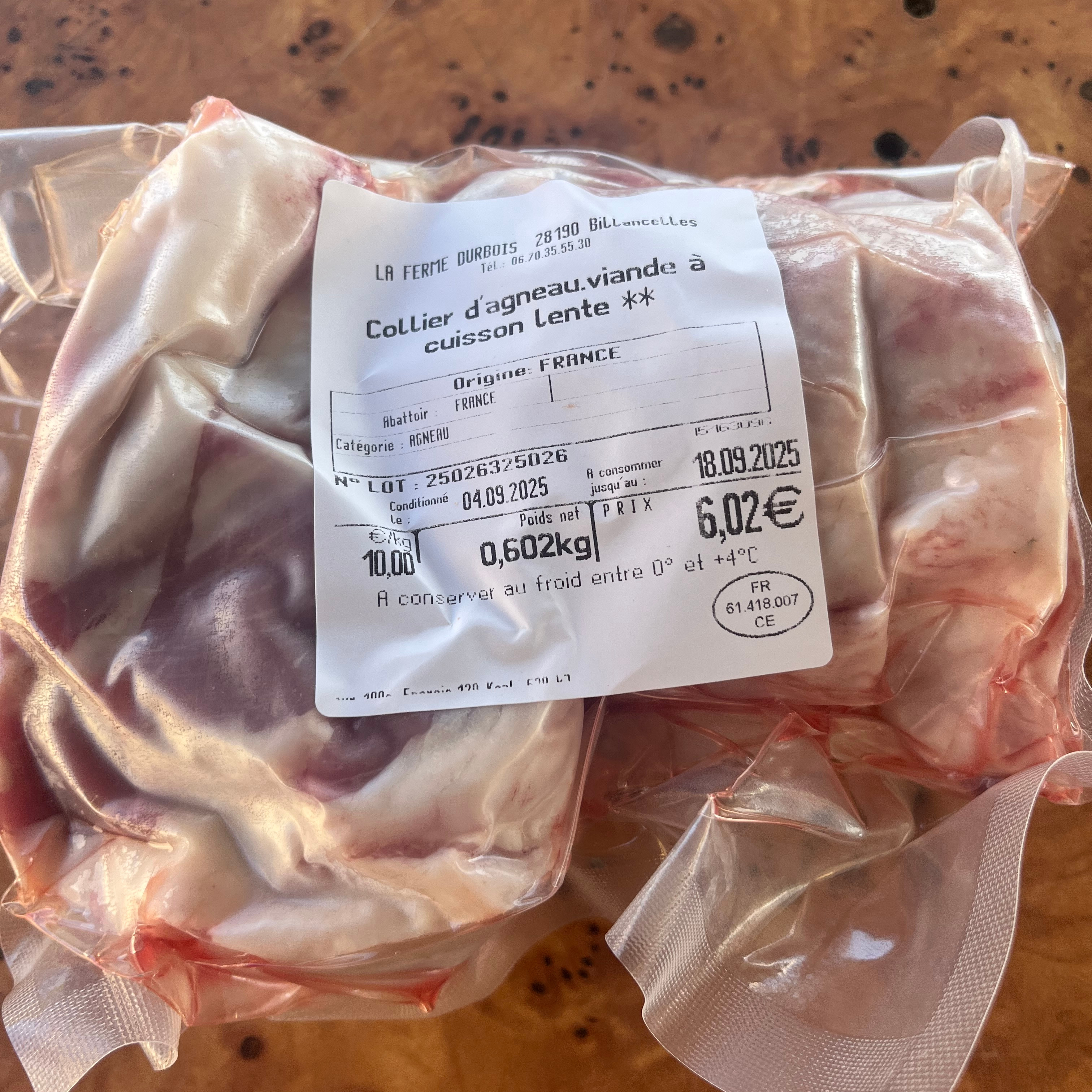 Collier  d’agneau ferme durbois - 0,7kg