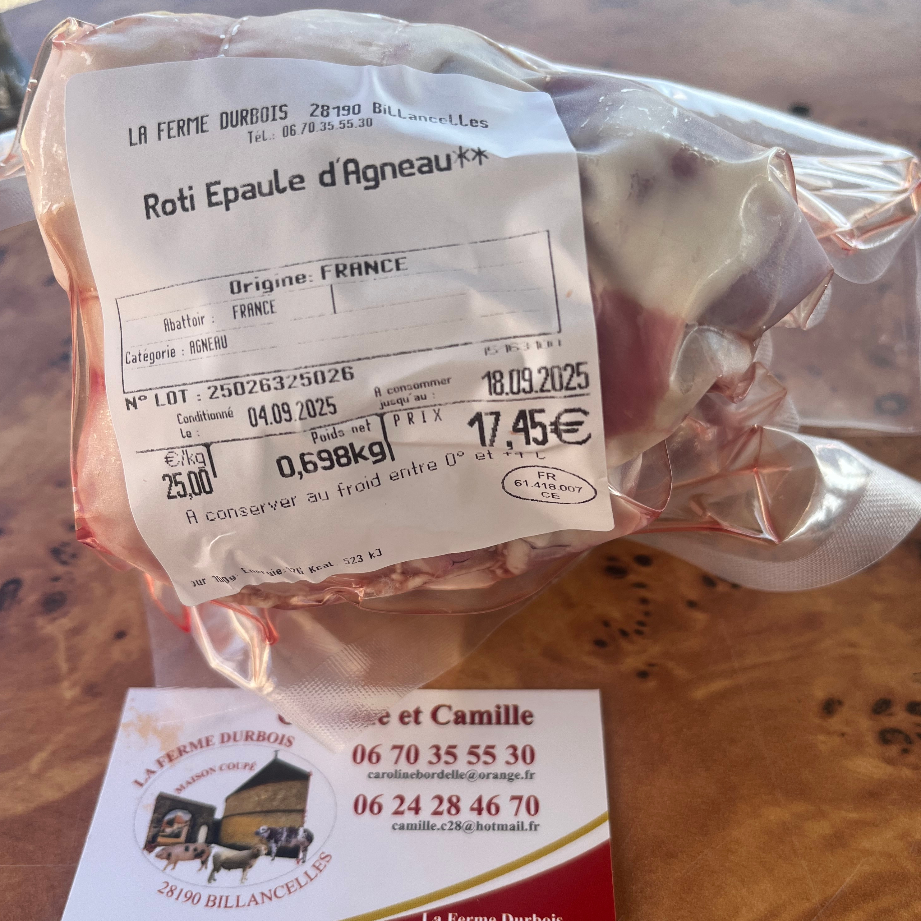 Roti Epaule  d'agneau fermier - ferme durbois - 0,698kg